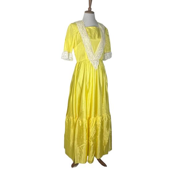 Vintage 80s Yellow Taffetta Bridgerton Style Dress w Matching Hat M - Picture 8 of 10